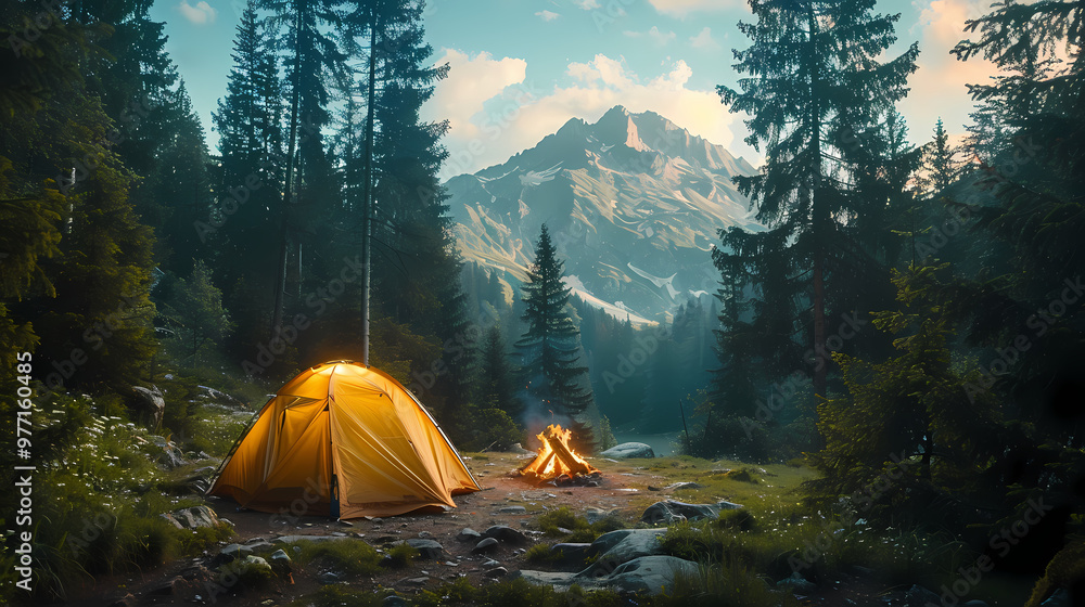 camping tent in the forest.Summer camp with bonfire, tent, backpack . landscape with mountain, forest and campsite. camping tent in the forest.Summer camp with bonfire, tent, backpack . landscape with mountain, forest and campsite.