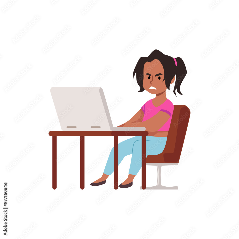 Girl looks angrily at her laptop monitor. Girl looks angrily at her laptop monitor.