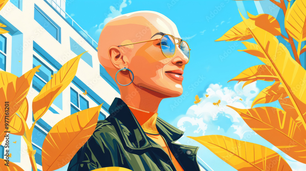 A bald woman wearing sunglasses smiles while surrounded by bright yellow foliage, basking in warm sunlight and showcasing a lively urban backdrop A bald woman wearing sunglasses smiles while surrounded by bright yellow foliage, basking in warm sunlight and showcasing a lively urban backdrop