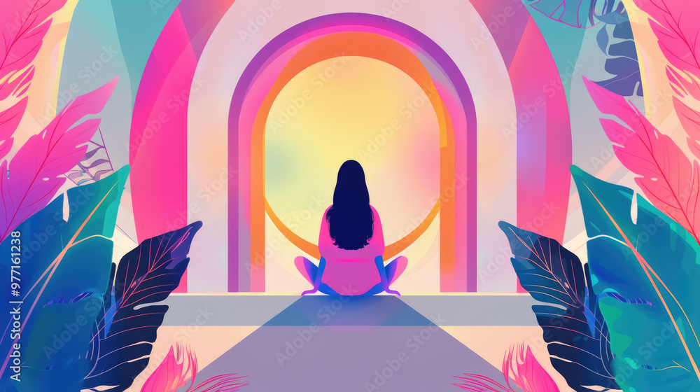 Obraz premium A person sits cross-legged in a colorful environment, facing a glowing archway, surrounded by vibrant foliage and pastel hues, capturing a peaceful moment