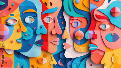 Wallpaper Mural Vibrant layers of colorful shapes form diverse human faces, celebrating creativity and artistic expression with a dynamic and playful composition Torontodigital.ca