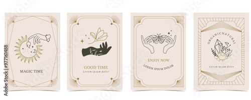 Boho invitation card with tarot style and deco frame. Mystic for a4 vertical design