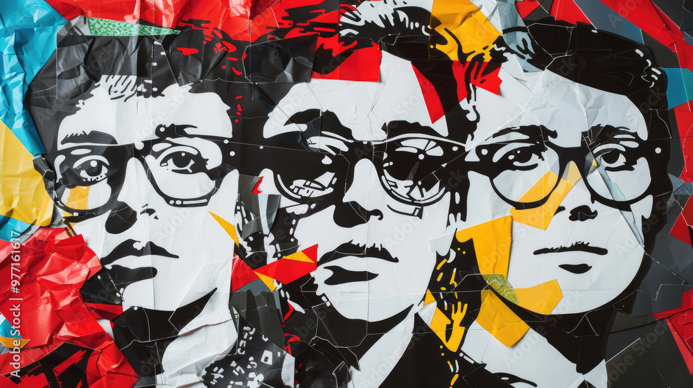 Vibrant mural depicting three artistic faces surrounded by colorful geometric patterns in an urban environment, showcasing creativity and local culture Vibrant mural depicting three artistic faces surrounded by colorful geometric patterns in an urban environment, showcasing creativity and local culture
