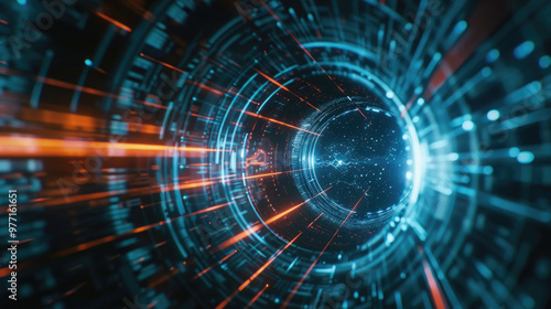 Wallpaper Mural A vibrant digital tunnel showcases glowing orange lines and shimmering stars, representing a journey through a futuristic cosmic landscape Torontodigital.ca