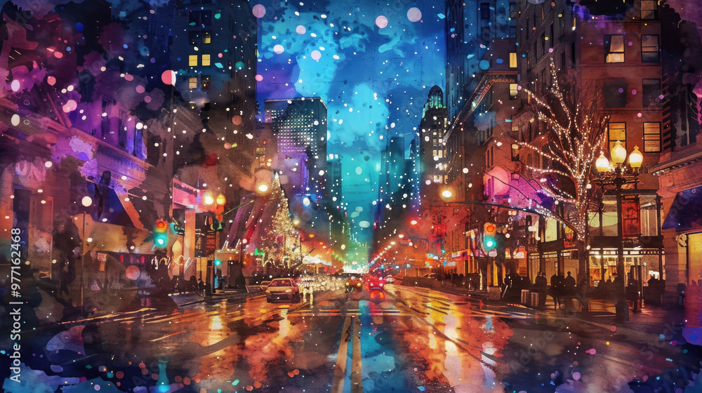 Fototapeta premium A bustling city street filled with bright lights and reflections in puddles, capturing the lively energy of the night during winter celebrations with joyful pedestrians