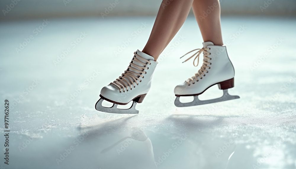 Close-up of female ice skater’s skates on smooth ice, showcasing precision and elegance.
Close-up of female ice skater’s skates on smooth ice, showcasing precision and elegance.
