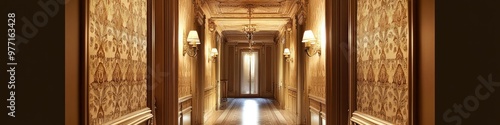 Luxurious hallway in an antique mansion, vintage wallpaper and intricate stucco, baroque design with elegant decor, gentle overhead lighting.