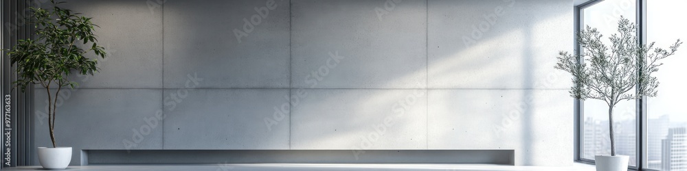 Modern hall interior, empty gray wall, clean and simple design, diffused daylight. Banner with copy space. Modern hall interior, empty gray wall, clean and simple design, diffused daylight. Banner with copy space.