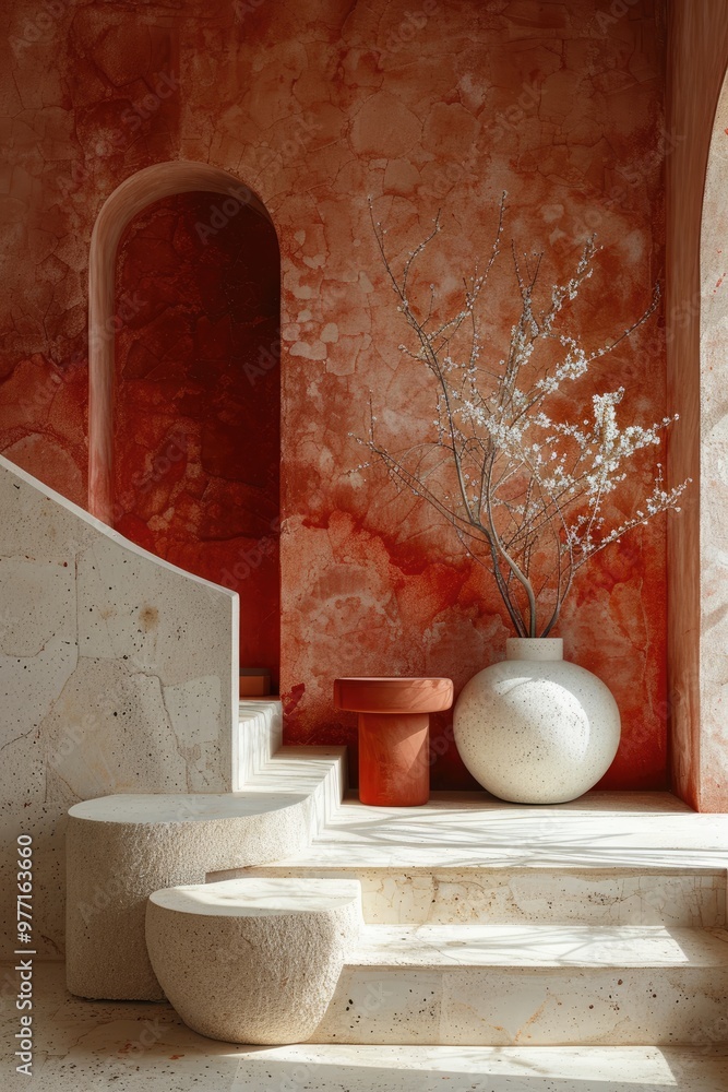 White Stone Steps with Red Wall and Vase White Stone Steps with Red Wall and Vase