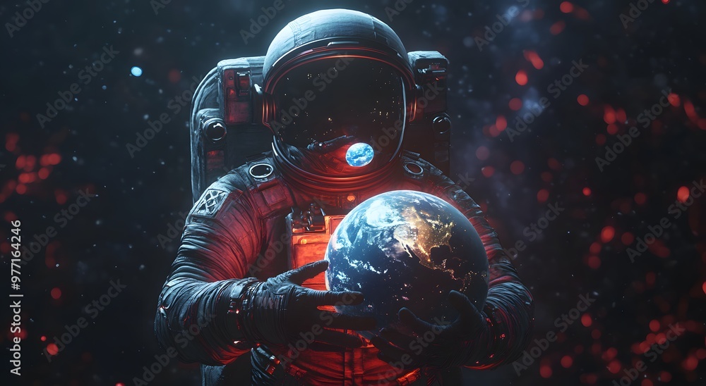 Astronaut in space suit holding earth on dark background. Space exploration concept, an astronaut with earth in hand. Figure of an astronaut against the sky. 3D sci-fi art. Astronaut in space suit holding earth on dark background. Space exploration concept, an astronaut with earth in hand. Figure of an astronaut against the sky. 3D sci-fi art.