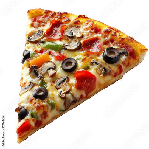 A delicious slice of pizza featuring a variety of toppings including mushrooms, olives, bell peppers, and tomato sauce, all on a cheesy crust