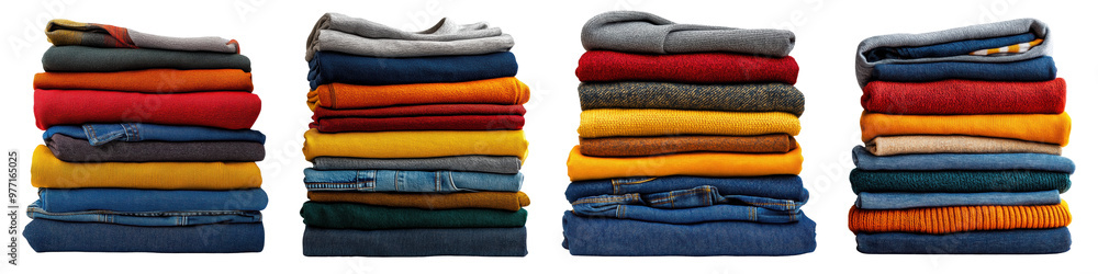 A neat arrangement of various folded sweaters and clothing items in vibrant colors, showcasing a cozy and organized collection A neat arrangement of various folded sweaters and clothing items in vibrant colors, showcasing a cozy and organized collection
