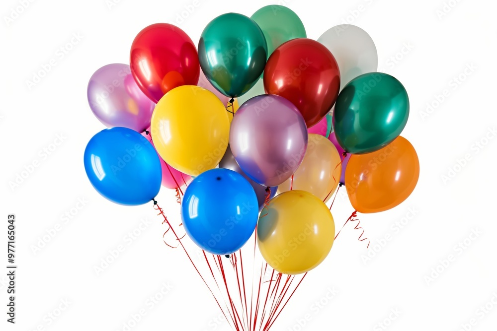 A festive arrangement of colorful helium balloons tied with strings for a celebration. A festive arrangement of colorful helium balloons tied with strings for a celebration.