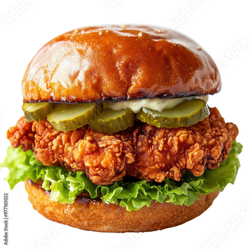 A delicious fried chicken sandwich with crunchy lettuce, pickles, and creamy sauce, all nestled in a soft, shiny pretzel bun