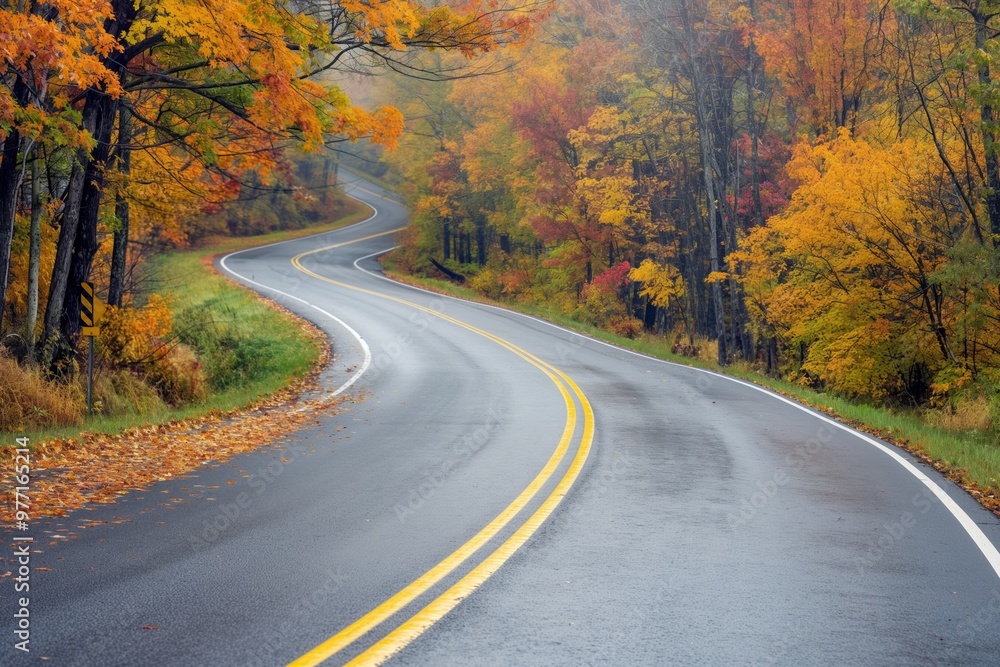 A peaceful autumnal woodland road, winding through serene scenery with colorful foliage and quietude. A peaceful autumnal woodland road, winding through serene scenery with colorful foliage and quietude.