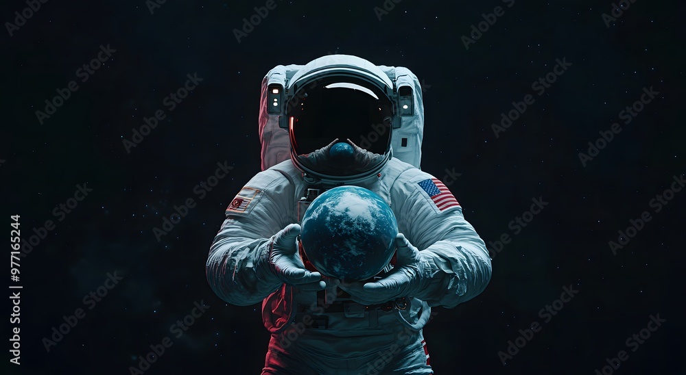 Astronaut in space suit holding earth on dark background. Space exploration concept, an astronaut with earth in hand. Figure of an astronaut against the sky. 3D sci-fi art. Astronaut in space suit holding earth on dark background. Space exploration concept, an astronaut with earth in hand. Figure of an astronaut against the sky. 3D sci-fi art.