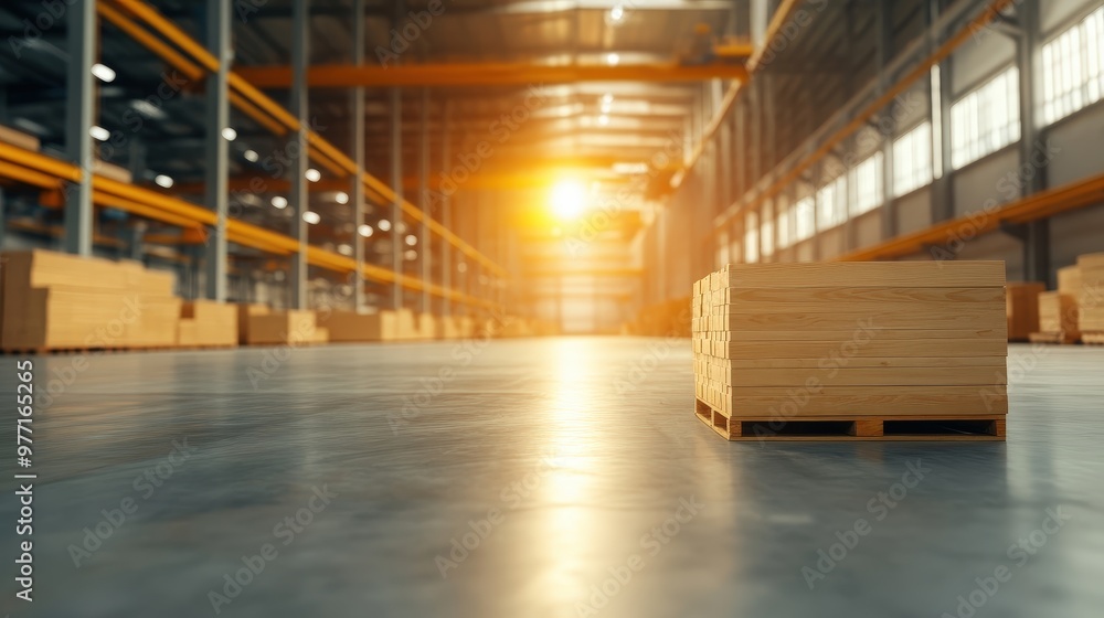 Fototapeta premium Efficient Warehouse Scene with Glowing Sunlight Enhancing Productive Manufacturing Atmosphere