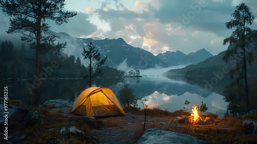 camping tent in the forest.Summer camp with bonfire, tent, backpack . landscape with mountain, forest and campsite.