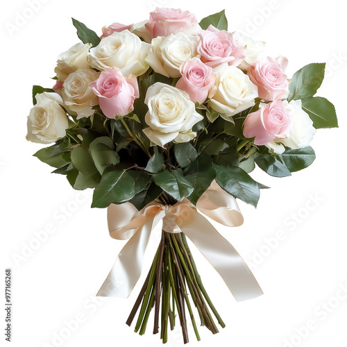 A beautiful bouquet featuring an array of pink and white roses, elegantly bound with a ribbon, surrounded by lush green leaves