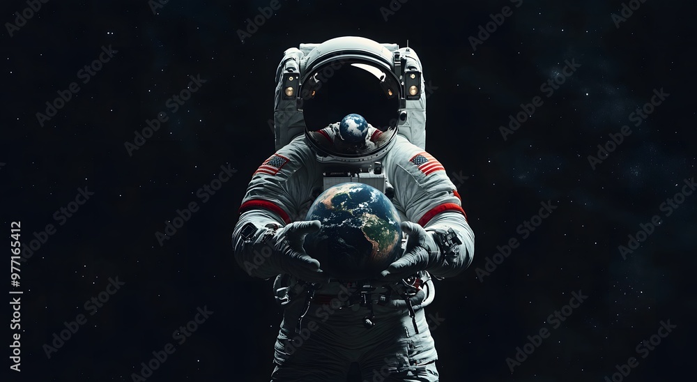 Astronaut in space suit holding earth on dark background. Space exploration concept, an astronaut with earth in hand. Figure of an astronaut against the sky. 3D sci-fi art. 