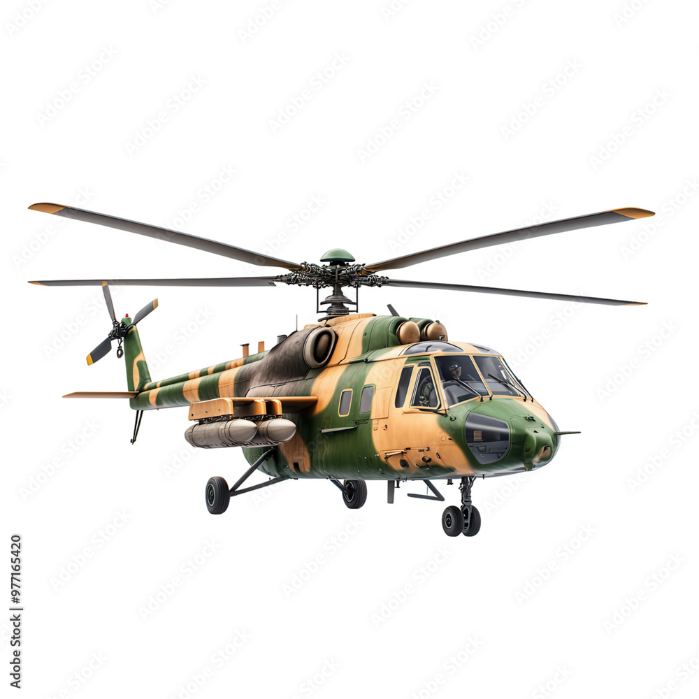 Military helicopter with camouflage design in flight position, showcasing advanced aviation technology and robust structure. isolated on a transparent background Military helicopter with camouflage design in flight position, showcasing advanced aviation technology and robust structure. isolated on a transparent background
