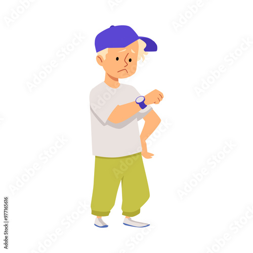 Boy looks sadly at his discharged smartwatch.