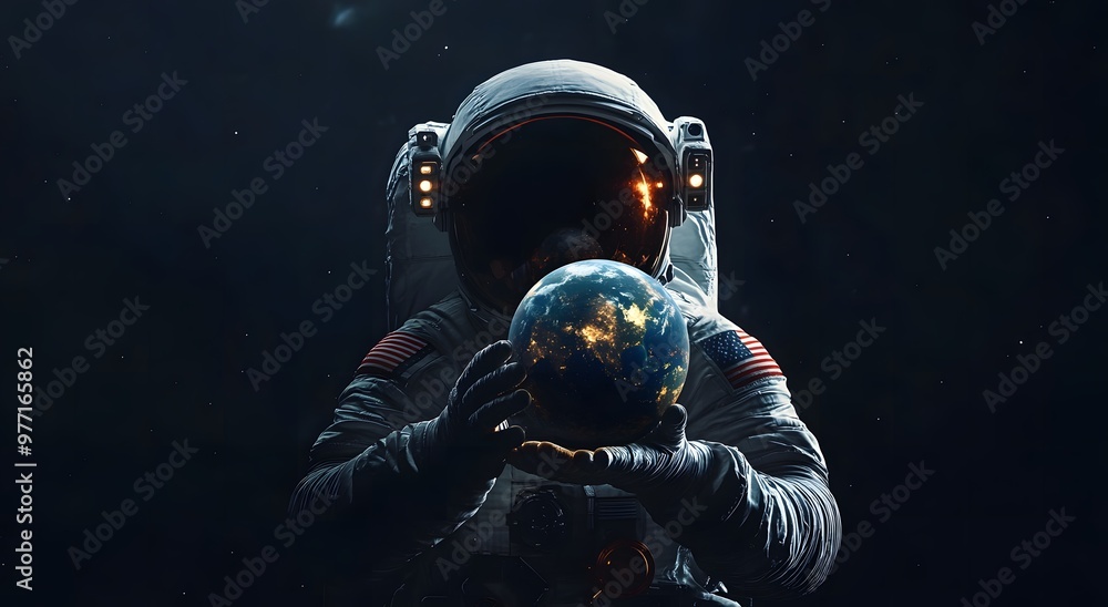 Astronaut in space suit holding earth on dark background. Space exploration concept, an astronaut with earth in hand. Figure of an astronaut against the sky. 3D sci-fi art. Astronaut in space suit holding earth on dark background. Space exploration concept, an astronaut with earth in hand. Figure of an astronaut against the sky. 3D sci-fi art.