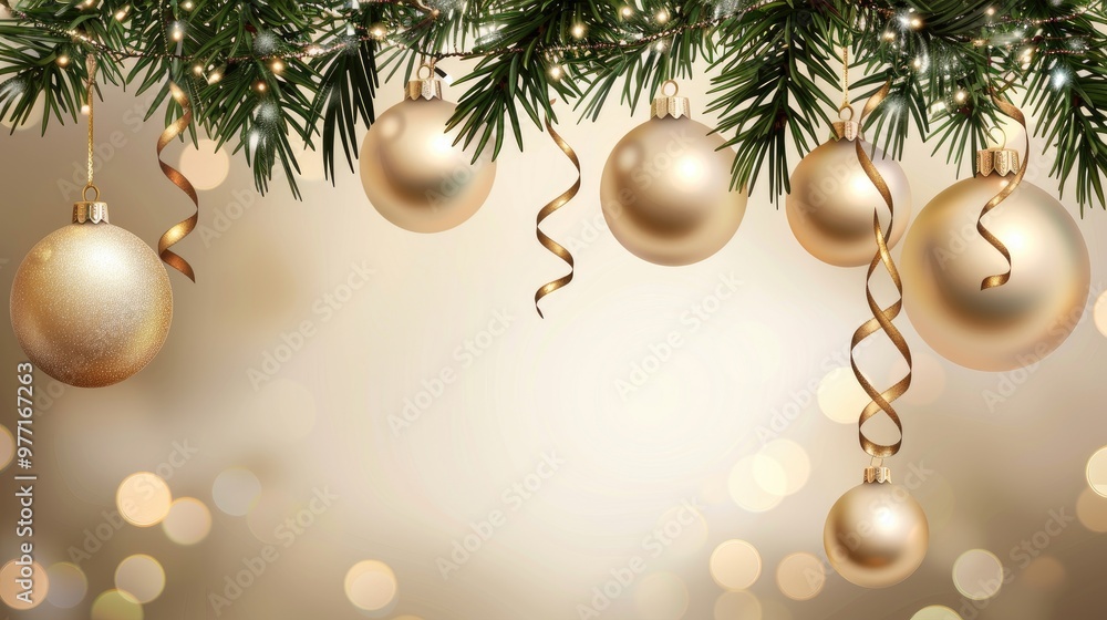 Border with green fir branches, gold balls. Pine, xmas evergreen plants seamless banner. Christmas tree garland decoration Border with green fir branches, gold balls. Pine, xmas evergreen plants seamless banner. Christmas tree garland decoration