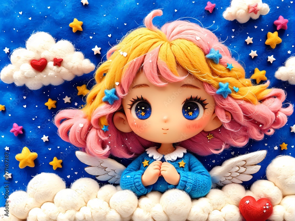 A girl with pink hair and wings sits on a cloud. The sky is blue and the stars are shining. A girl with pink hair and wings sits on a cloud. The sky is blue and the stars are shining.