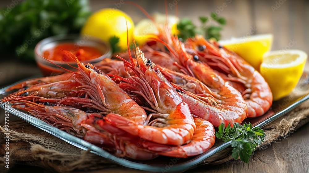 A beautiful glass tray showcases fresh Spanish red prawns, herbs, lemon, and dipping sauce. A beautiful glass tray showcases fresh Spanish red prawns, herbs, lemon, and dipping sauce.