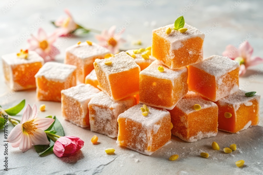 Vibrant orange blossom-flavored Lokum temptingly arranged on a stark white backdrop Vibrant orange blossom-flavored Lokum temptingly arranged on a stark white backdrop