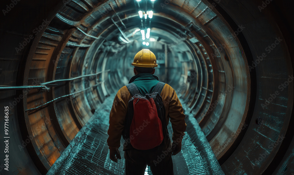 Fototapeta premium A worker in work gear walks through a dimly lit tunnel illuminated by orange lights.
