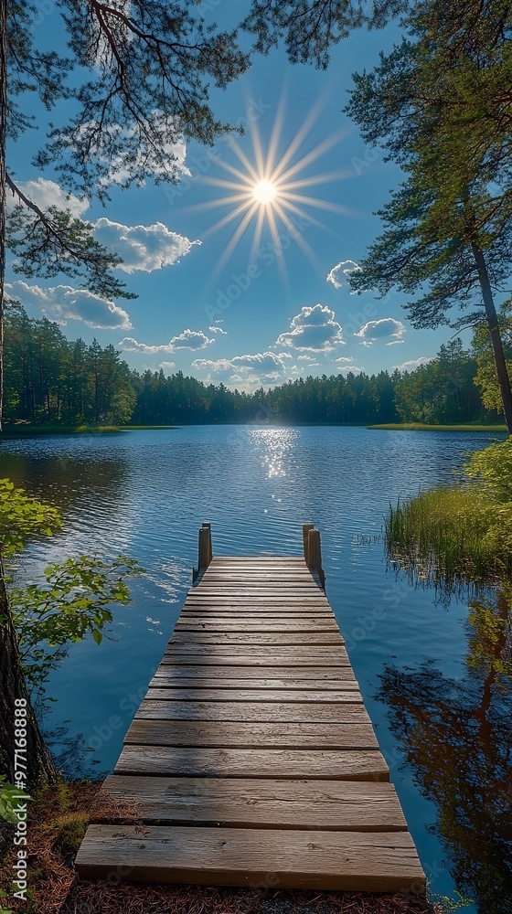 A wooden dock extends out into a tranquil lake, framed by lush greenery and a vibrant blue sky, creating a serene and idyllic setting. A wooden dock extends out into a tranquil lake, framed by lush greenery and a vibrant blue sky, creating a serene and idyllic setting.