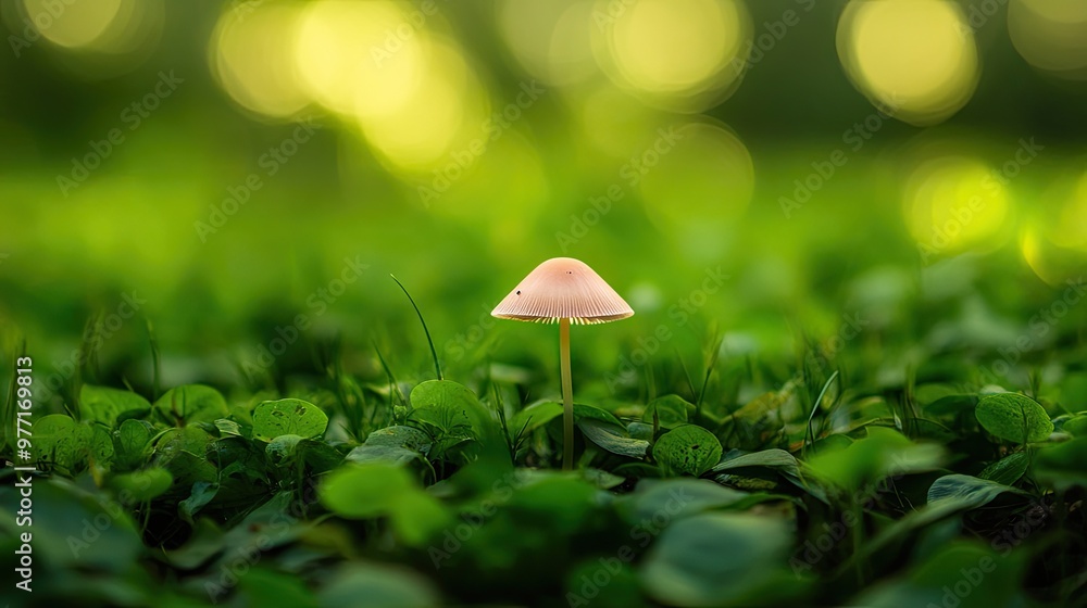 A single mushroom standing tall in a green field, surrounded by lush grass, its simple beauty captured in an isolated scene of nature. A single mushroom standing tall in a green field, surrounded by lush grass, its simple beauty captured in an isolated scene of nature.