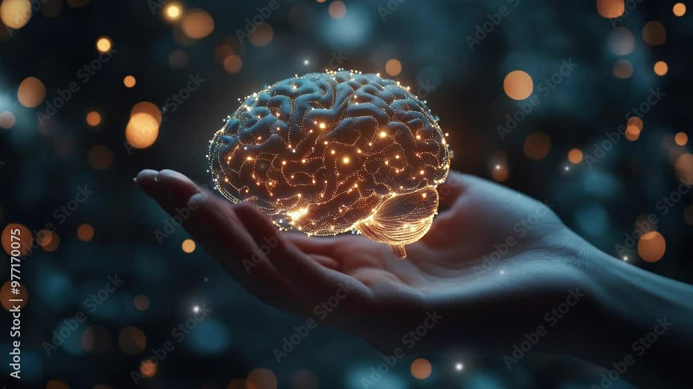 Technology and innovation concept. Artificial Intelligence and neural networks. Hand holding a digital brain with network connections. Futuristic digital brain. Smart Brain. Hologram brain