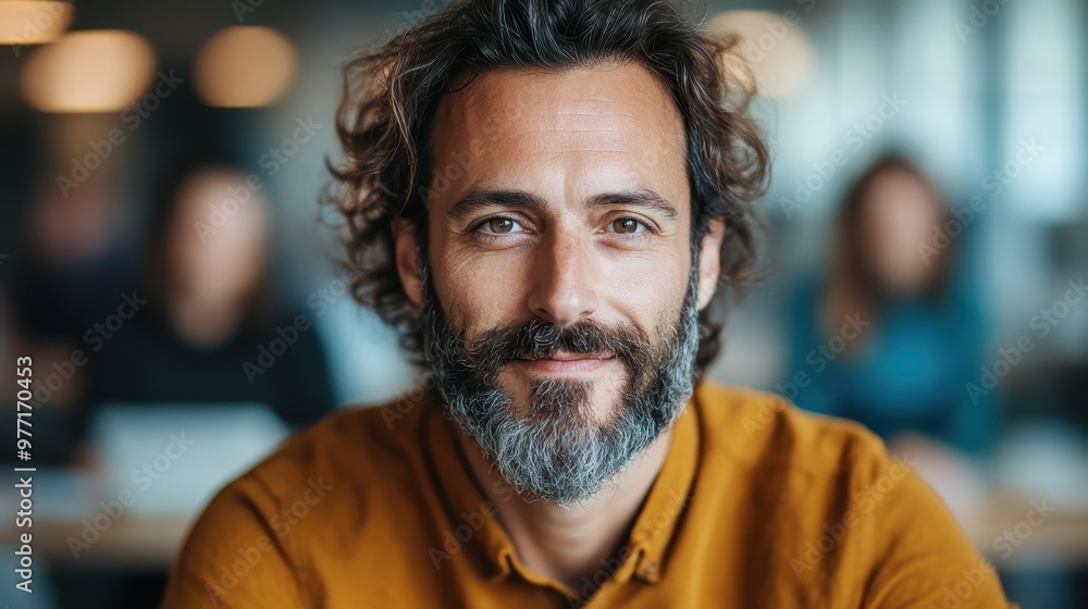A man with a curly salt-and-pepper beard wearing a casual brown shirt smiles warmly, exuding friendliness and approachability in a cozy setting. A man with a curly salt-and-pepper beard wearing a casual brown shirt smiles warmly, exuding friendliness and approachability in a cozy setting.