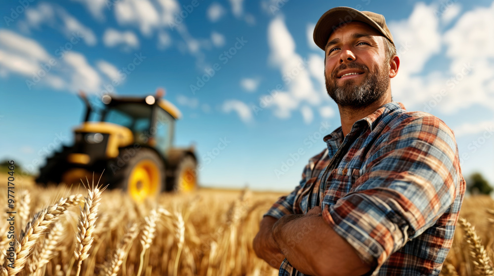 agriculteur posant fièrement dans son champ de blé devant son tracteur agriculteur posant fièrement dans son champ de blé devant son tracteur