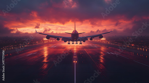 “A Plane Taking Off from an Airport Runway at Sunset with Stunning Colors in the Sky” 