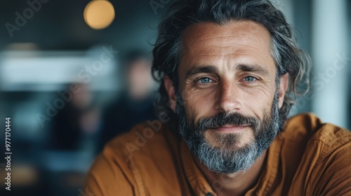 A man with a salt-and-pepper beard and wavy hair wearing a brown shirt smiles warmly, conveying warmth and friendliness in a cozy indoor setting.