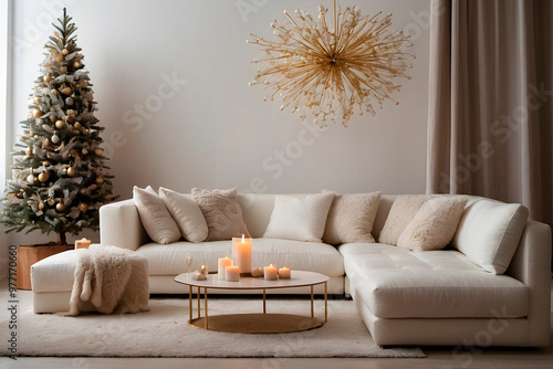 New year tree and christmas decoration in cosy light living room with sofa. AI generated. 