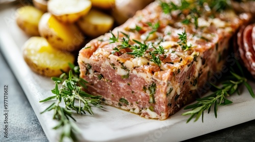 A neatly sliced cold meatloaf garnished with fresh rosemary and paired with halved roasted potatoes, presented on a white plate, creating a rustic, appetizing display.