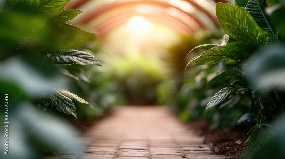 A picturesque pathway in a greenhouse lined with thriving, lush green plants, demonstrating the harmonious blend of human ingenuity and natural beauty in cultivating greenery. A picturesque pathway in a greenhouse lined with thriving, lush green plants, demonstrating the harmonious blend of human ingenuity and natural beauty in cultivating greenery.