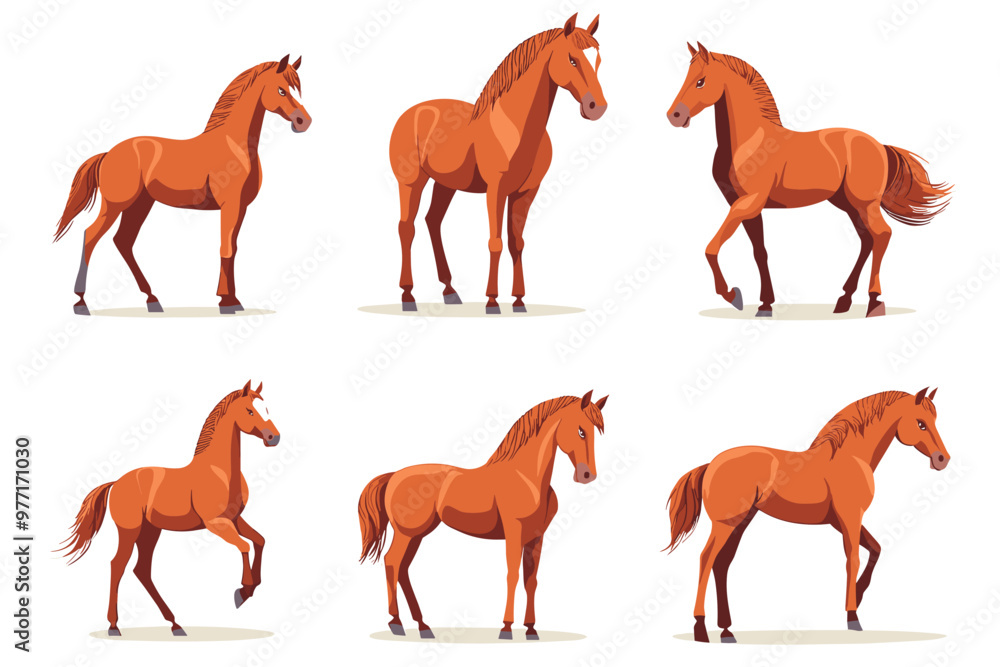 Horse poses. Wild horses walking or gallop running pose, arabian mare farm animal hoof gait trotter run grazing thoroughbred, set cartoon ingenious vector illustration of animal wild stallion design Horse poses. Wild horses walking or gallop running pose, arabian mare farm animal hoof gait trotter run grazing thoroughbred, set cartoon ingenious vector illustration of animal wild stallion design