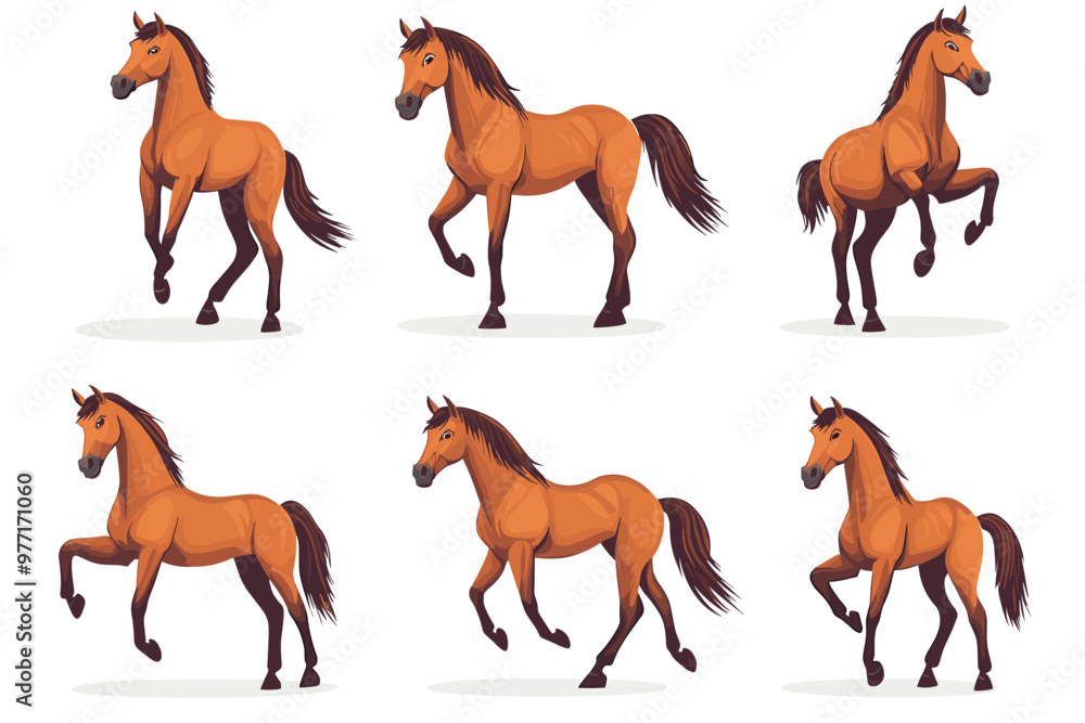 Horse poses. Wild horses walking or gallop running pose, arabian mare farm animal hoof gait trotter run grazing thoroughbred, set cartoon ingenious vector illustration of animal wild stallion design Horse poses. Wild horses walking or gallop running pose, arabian mare farm animal hoof gait trotter run grazing thoroughbred, set cartoon ingenious vector illustration of animal wild stallion design