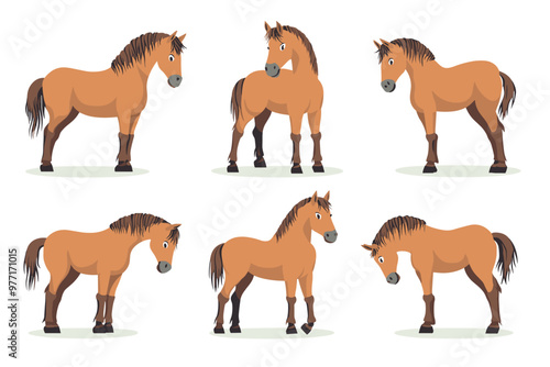 Horse poses. Wild horses walking or gallop running pose, arabian mare farm animal hoof gait trotter run grazing thoroughbred, set cartoon ingenious vector illustration of animal wild stallion design