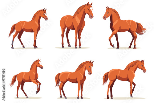 Horse poses. Wild horses walking or gallop running pose, arabian mare farm animal hoof gait trotter run grazing thoroughbred, set cartoon ingenious vector illustration of animal wild stallion design