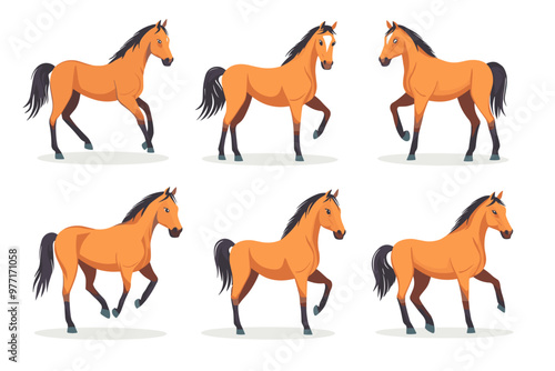 Horse poses. Wild horses walking or gallop running pose, arabian mare farm animal hoof gait trotter run grazing thoroughbred, set cartoon ingenious vector illustration of animal wild stallion design