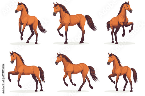 Horse poses. Wild horses walking or gallop running pose, arabian mare farm animal hoof gait trotter run grazing thoroughbred, set cartoon ingenious vector illustration of animal wild stallion design