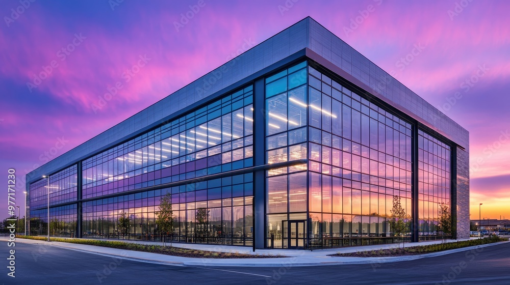 Fototapeta premium A sleek industrial building at dusk, with glass and metal elements reflecting the vibrant hues of a sunset,