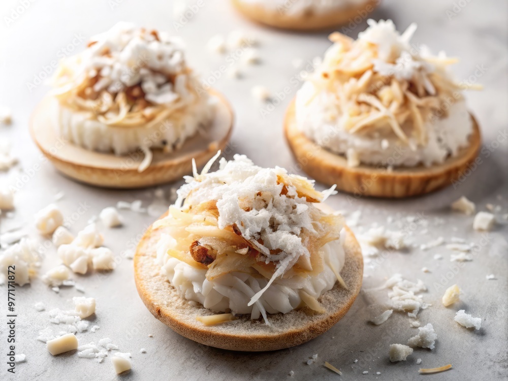 Kenkey rounds, fermented to perfection, presented on a pristine white surface, topped with shaved coconut flakes and a sprinkle of cinnamon Kenkey rounds, fermented to perfection, presented on a pristine white surface, topped with shaved coconut flakes and a sprinkle of cinnamon